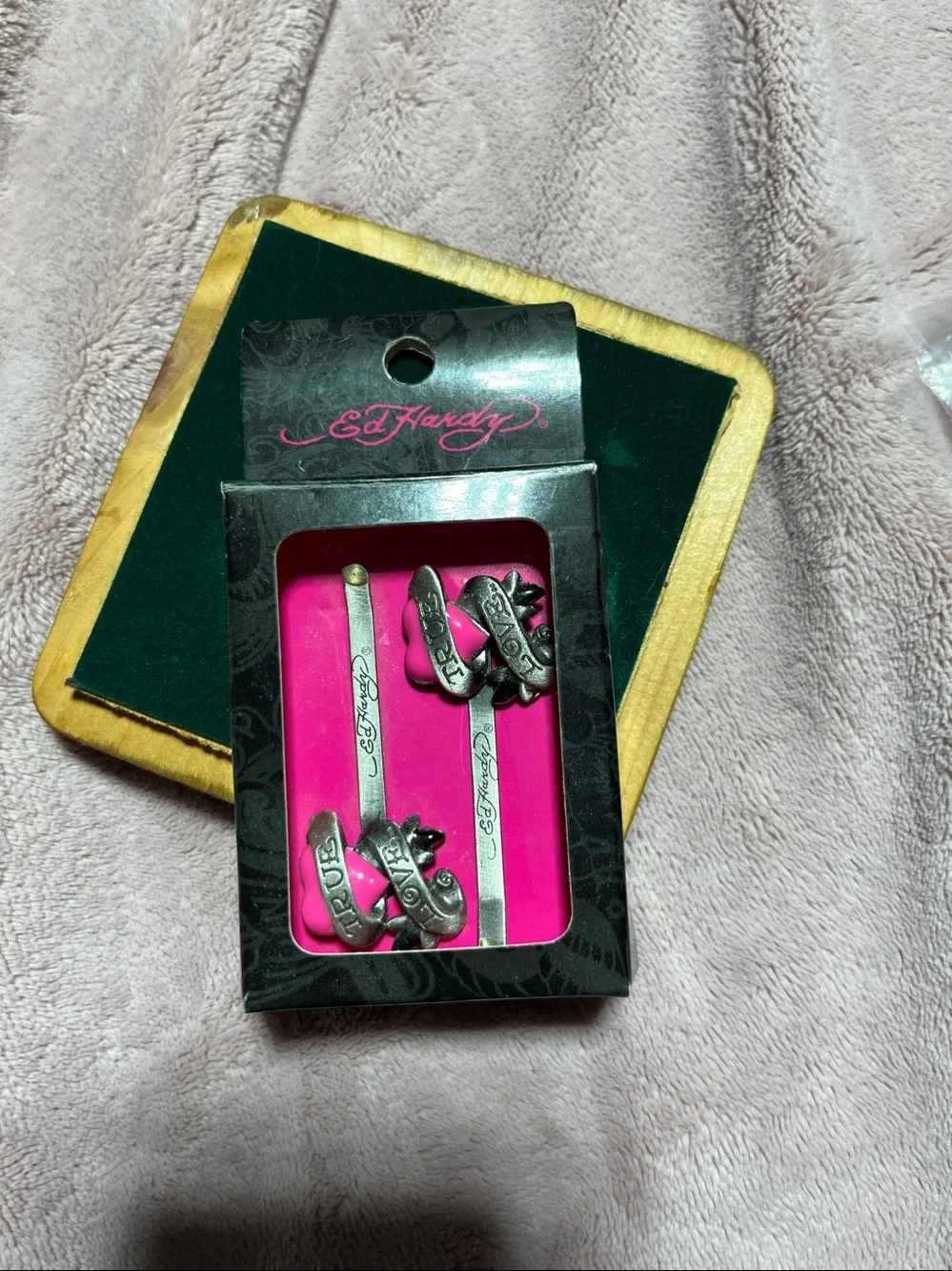 Ed Hardy Pink & Silver 'True Love' Heart Bobby Pins